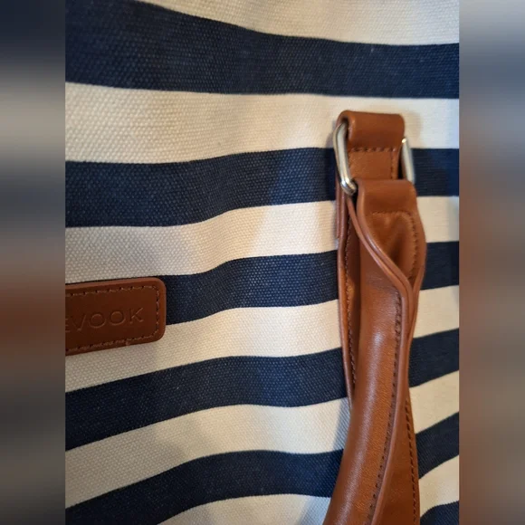 Lovevook Striped Blue and White Weekender Bag with Tan Accents - Picture 3 of 16